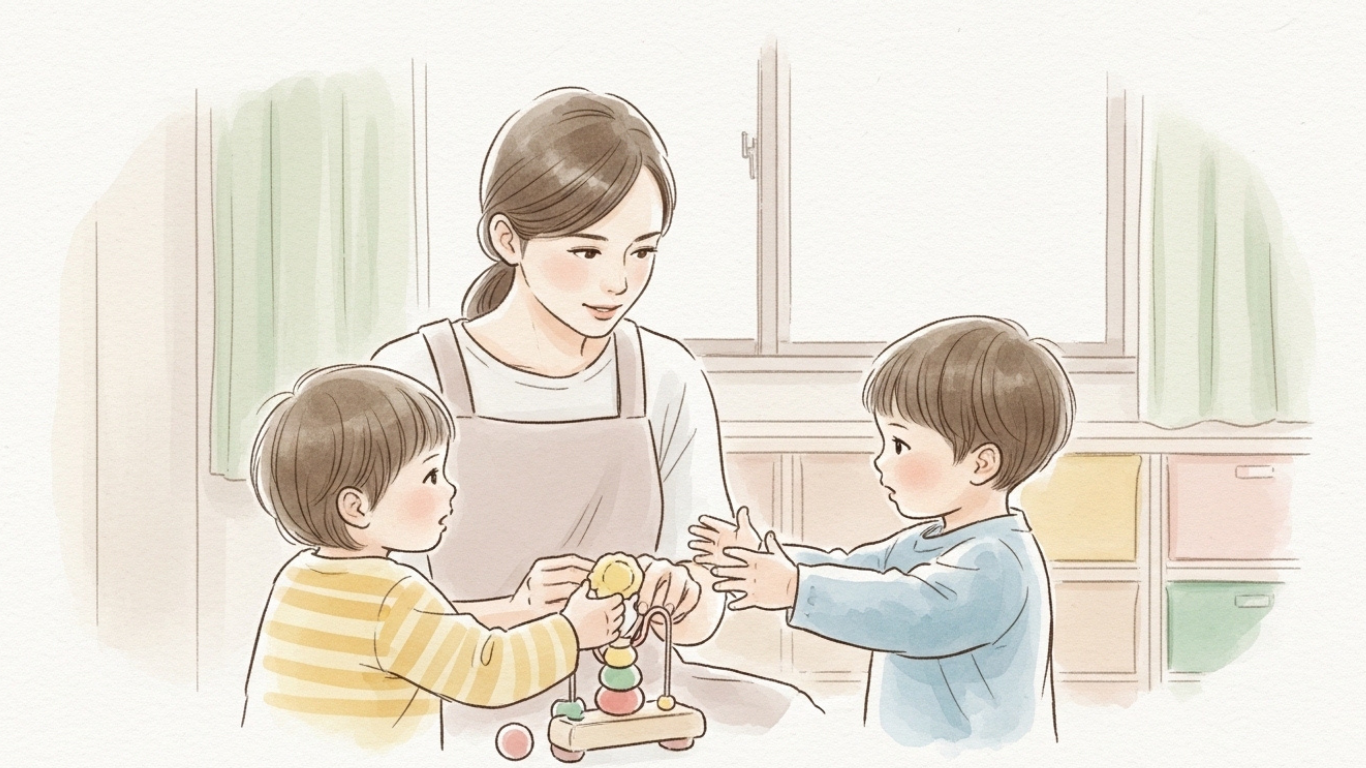 療育施設で物の貸し借りを大人が入りやり取りしている場面の説明