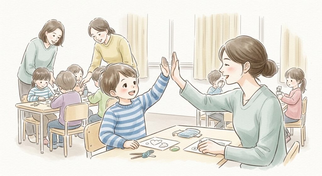 療育現場で丁寧に大人からのサポートをうけ、できたと達成感を感じている図