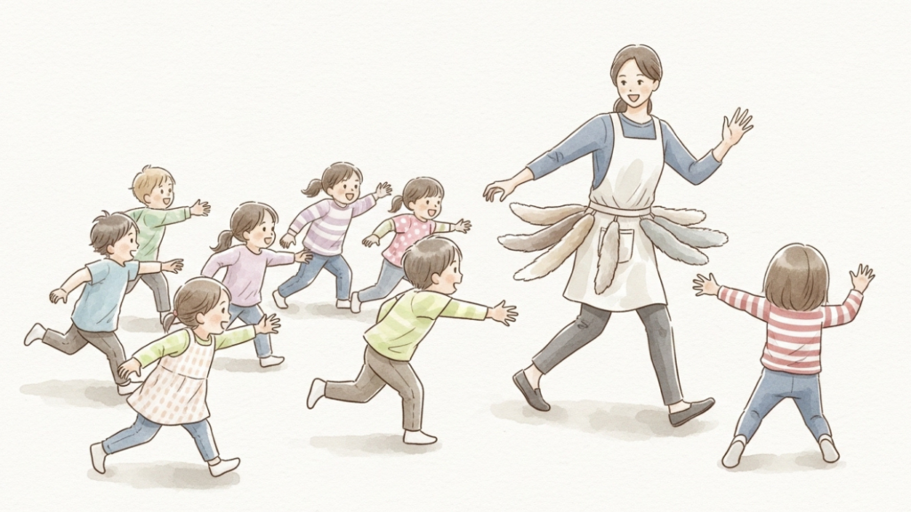 療育施設の集団あそびの場面で、わかりやすい工夫がありながら、遊びを楽しんでいる場面の説明