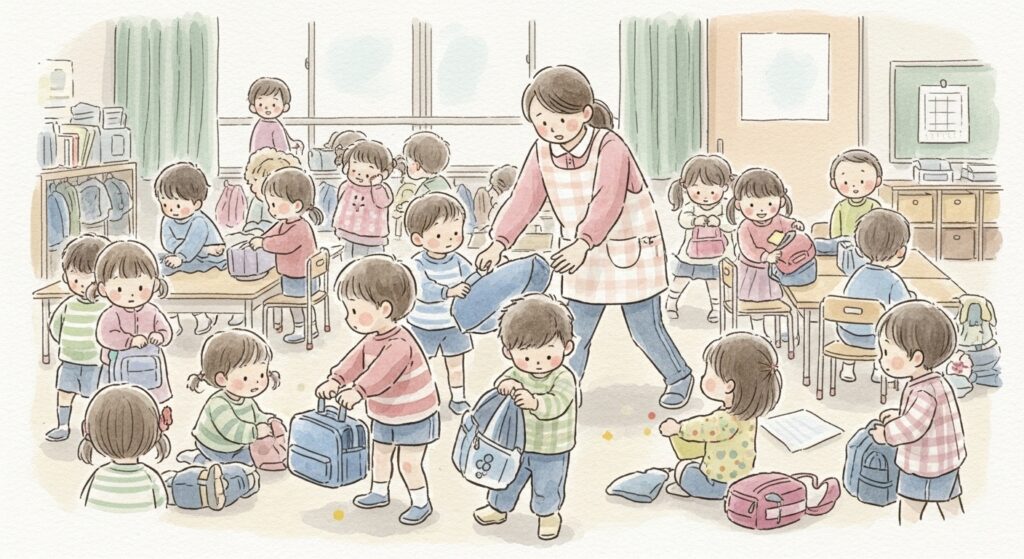 先生が１人で複数の子どもの身支度をサポートしている場面の説明