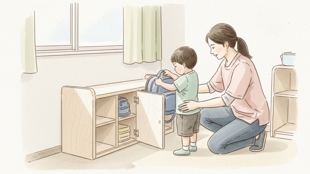 療育施設で身の回りの支度を大人と一緒に経験している