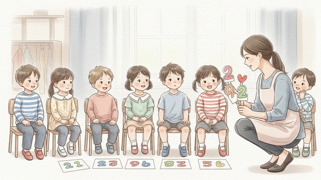 療育施設のグループ活動で楽しみながら数字に触れている場面の説明