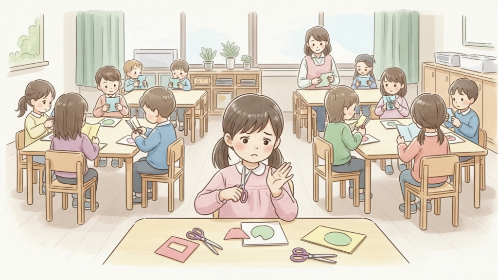 幼稚園で一斉の工作の時間に困っている女の子
