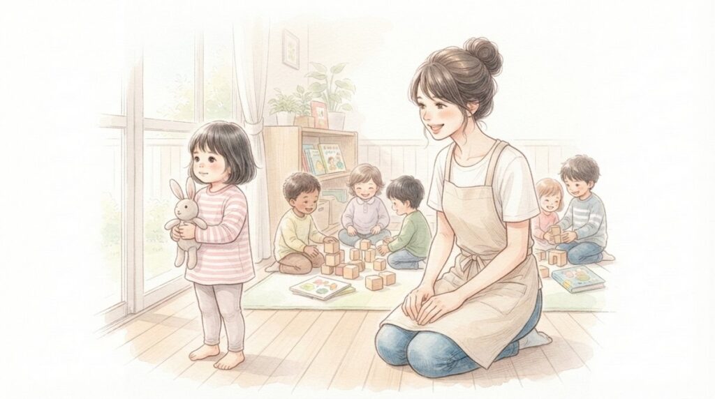 保育室でぬいぐるみを持つ子どもと見守る先生