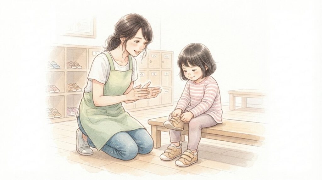 支援者と一緒に靴を履く練習をする子ども