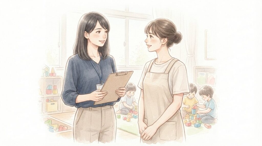 保育所等訪問支援で先生と話す支援員