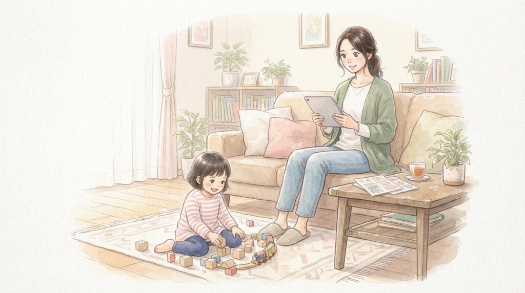 療育施設をタブレットで調べる母親と遊ぶ子ども
