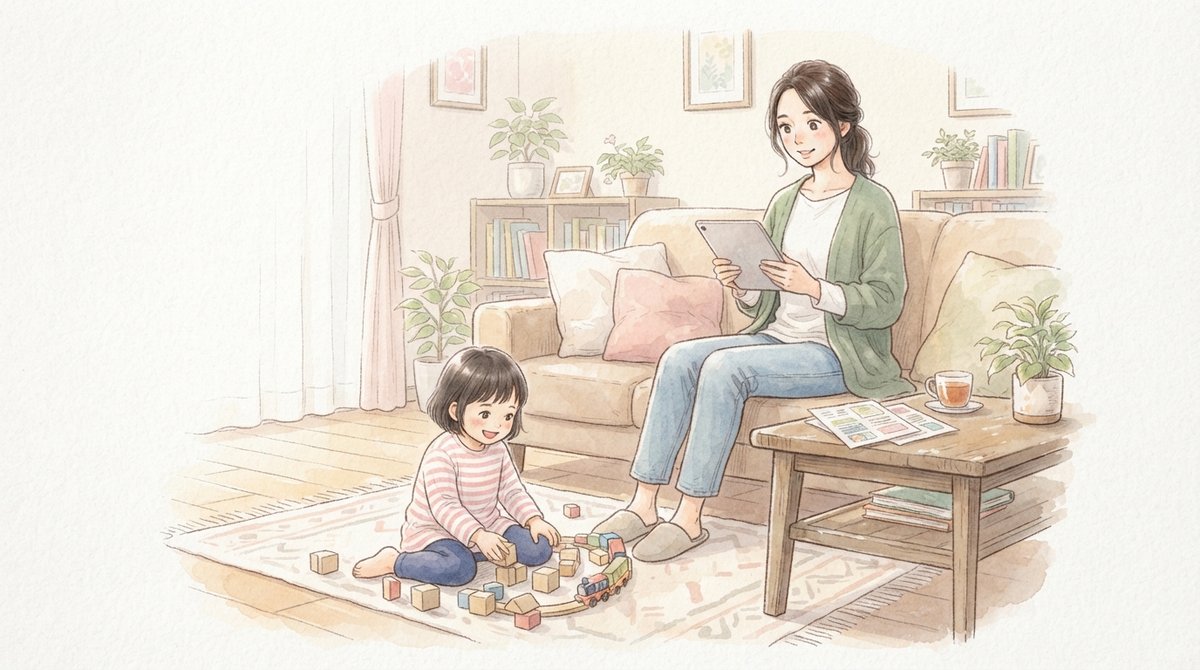 療育施設をタブレットで調べる母親と遊ぶ子ども
