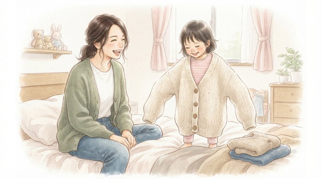 大きすぎるカーディガンを着て笑う子どもと母親