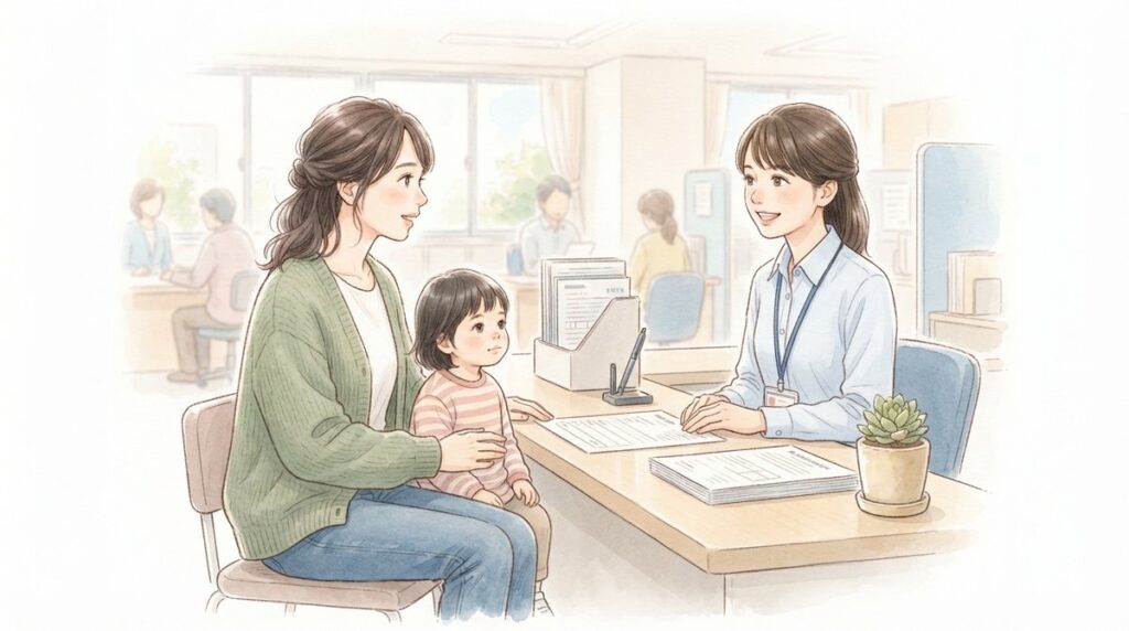 市町村の窓口で受給者証について相談する親子