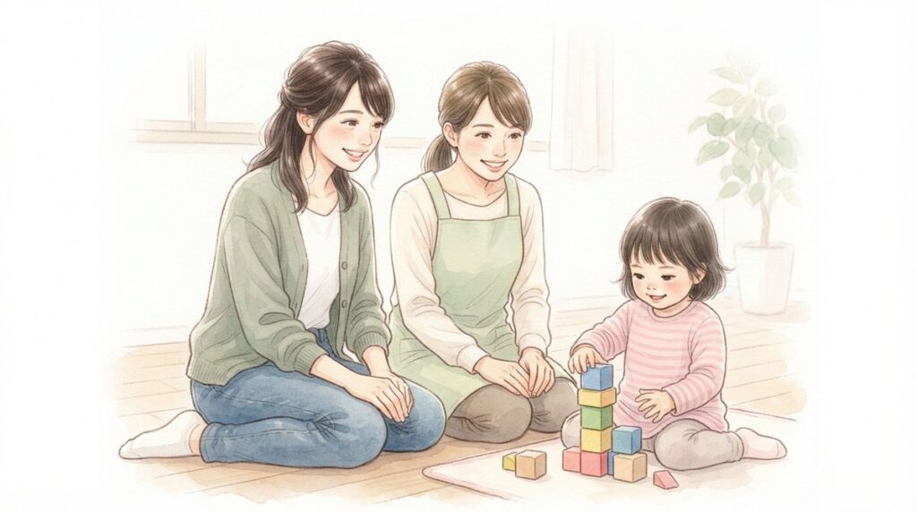 保護者と支援者が一緒に子どもを見守る様子